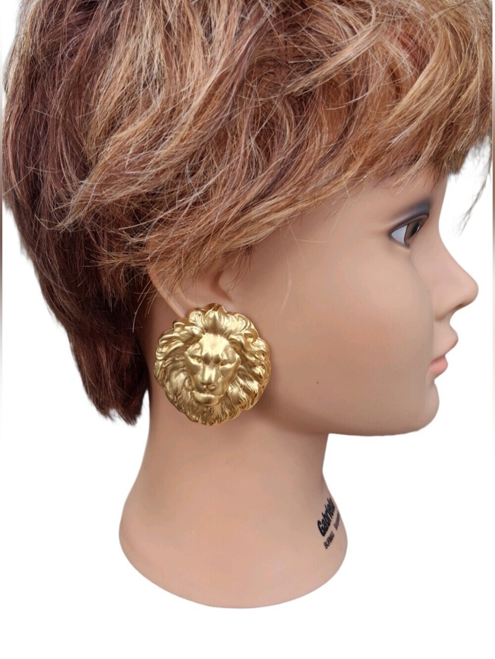 Vintage Large Lion Head Statement Earrings Matte Gold Tone Runway Door Knocker